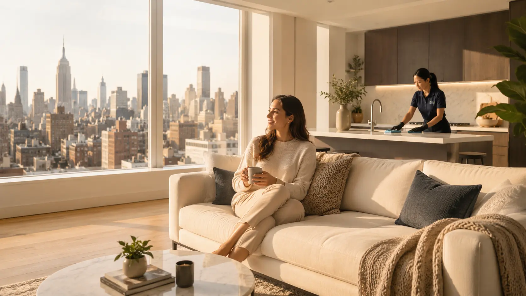 Resident relaxing on a couch with NYC skyline views while a professional cleaner works in the kitchen