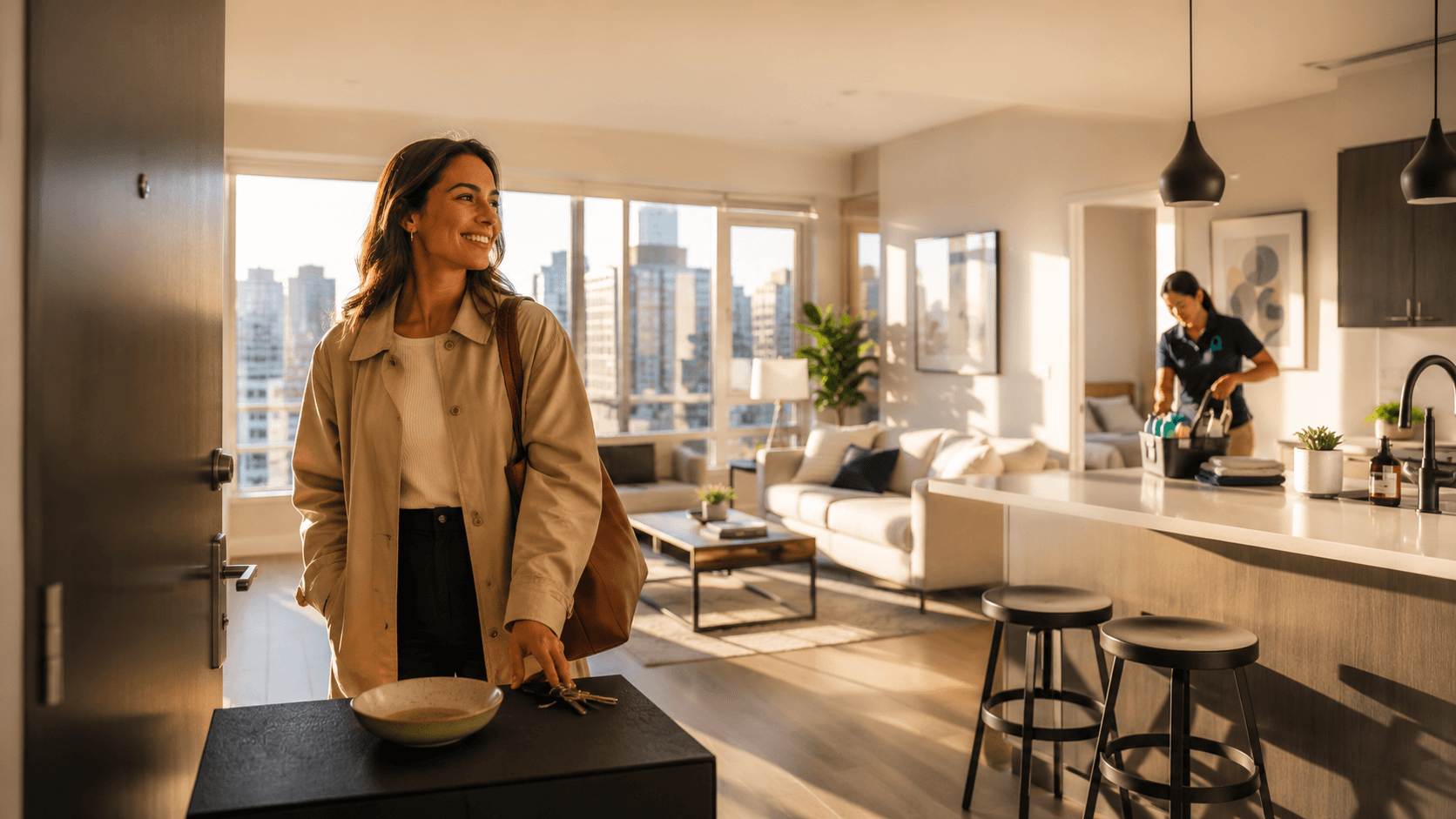 Booking a professional apartment cleaning service on a mobile device or laptop